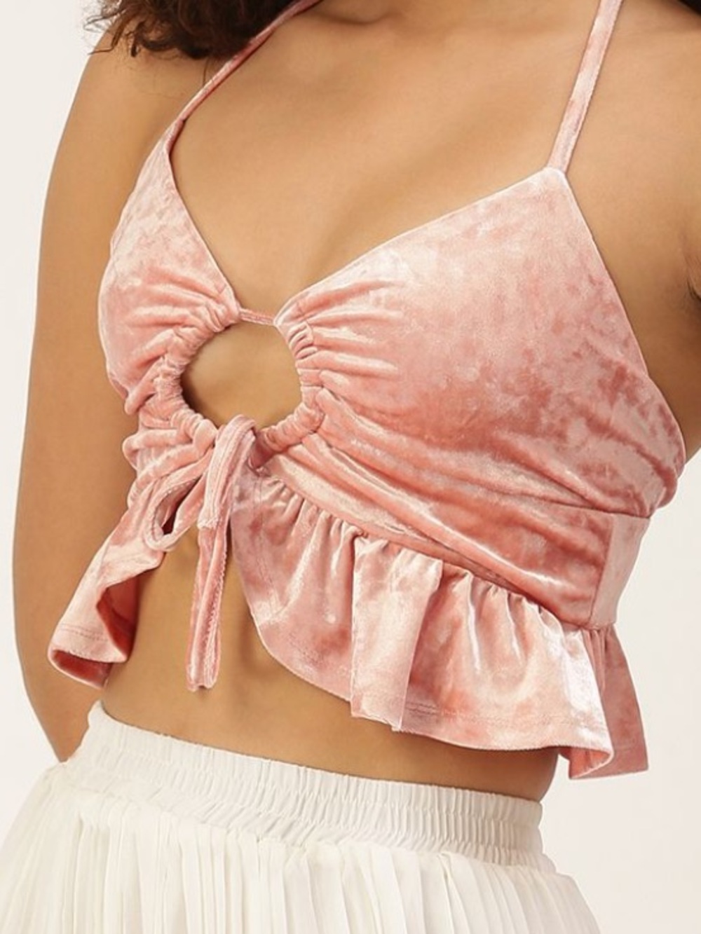 Forever 21 Blush Pink Velvet Ring-Tie Ruffle Crop Top